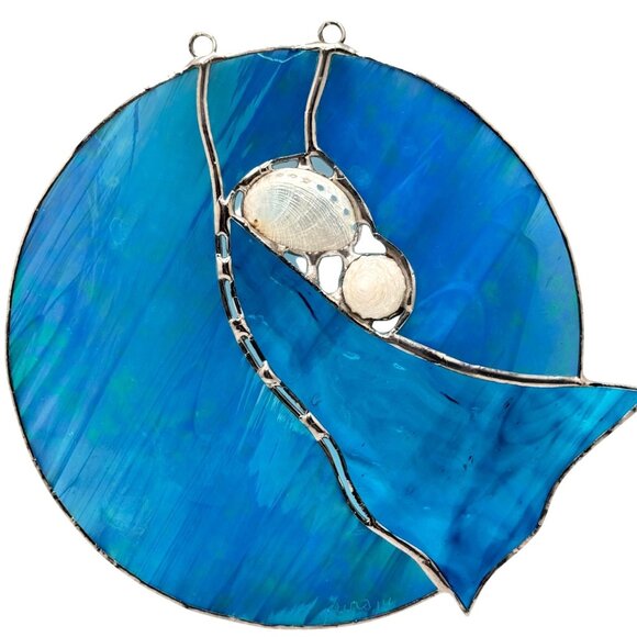 Stained Glass Blue Abstract Round Suncatcher Natural Shells Silver Accent Vtg - Picture 1 of 9